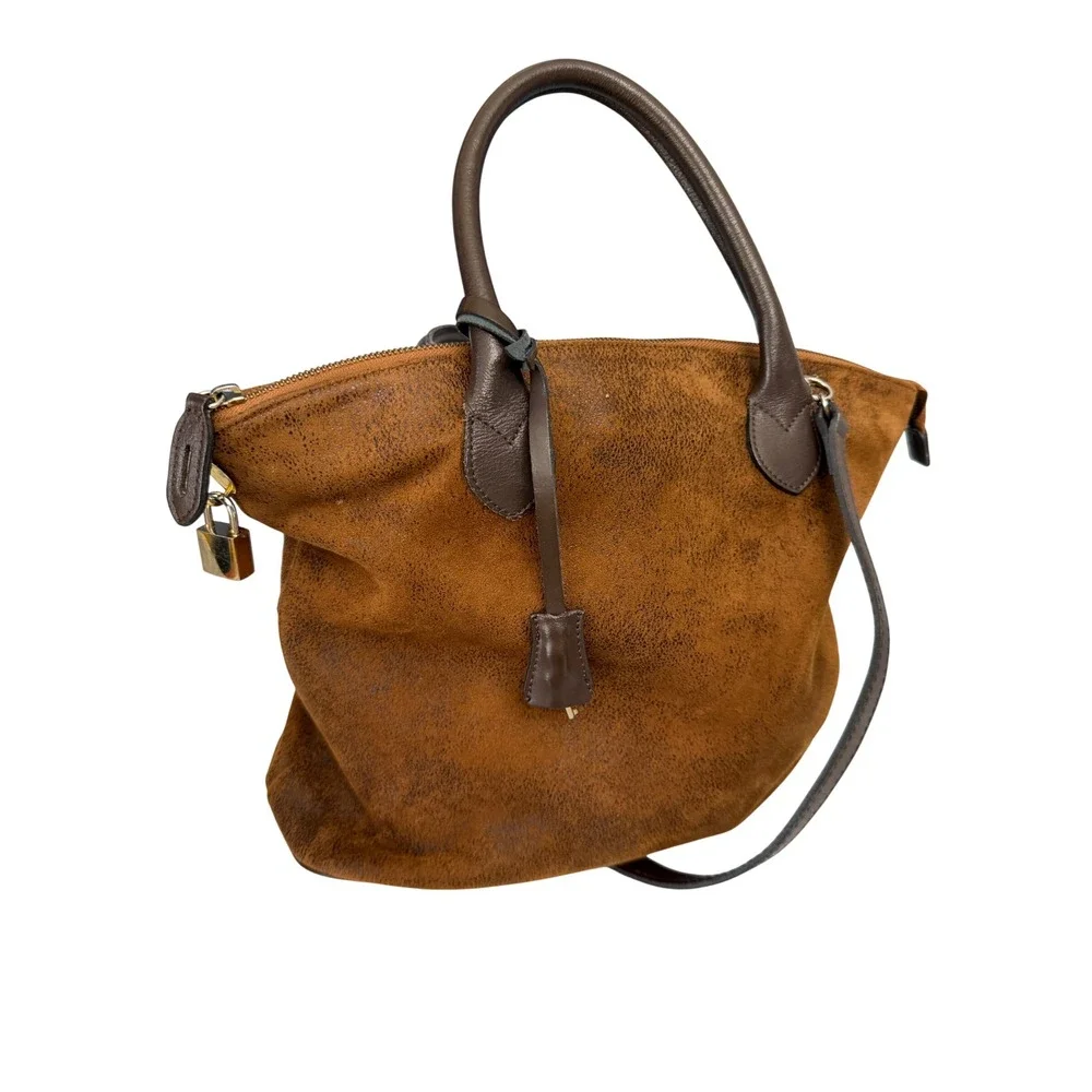 Vera Pelle Satchel Bag Medium Brown Distressed Leather Made in Italy Crossbody